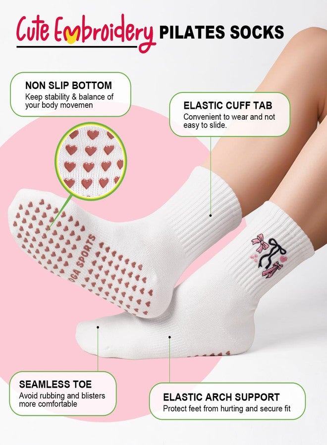 BLONGW Pilates Socks for Women, Cute Non-Slip Grip Crew Socks for Yoga, Barre, Hospital, Barefoot Workout, 3 Pairs - Image 3